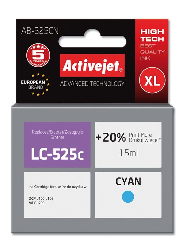 Activejet Encre Ab-525cn (remplacement Brother Lc525c Suprême 15 Ml B