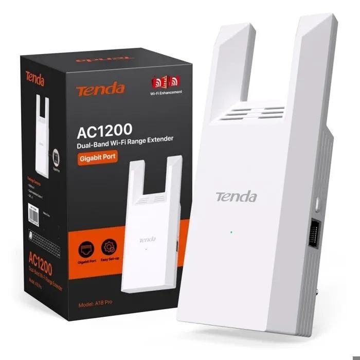 Tenda A18 Pro Répéteur WiFi Puissant AC1200 Mbps, Amplificateur WiFi, Port Ethernet Gigabit, 2 Antennes, Mode AP, WPS, Contrôle App