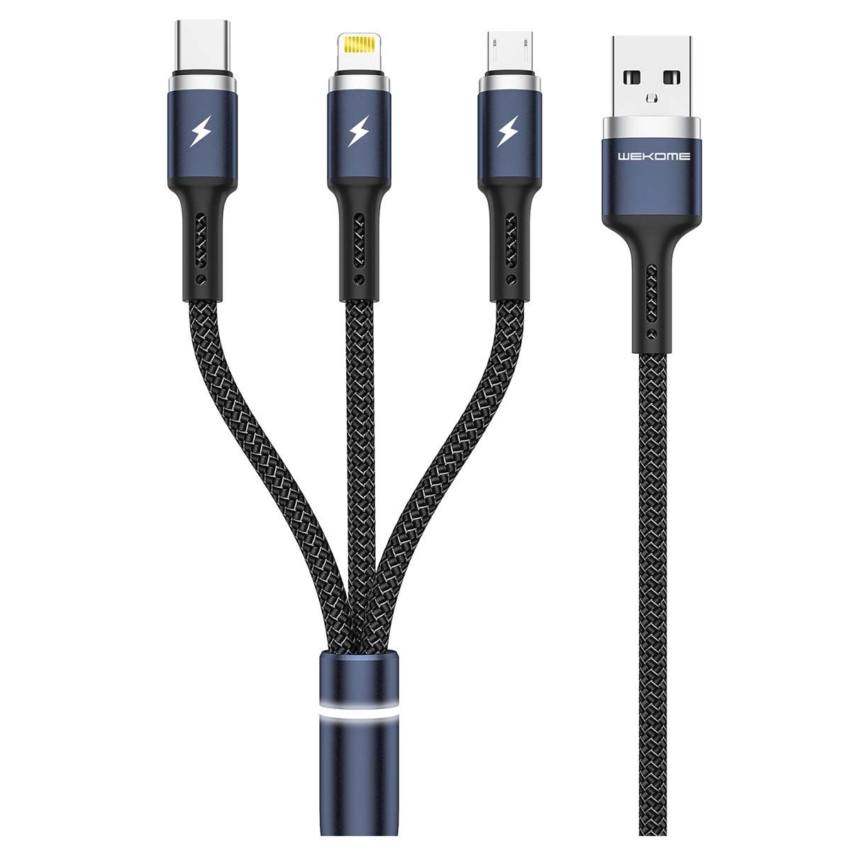 Câble 3 en 1 USB-A vers Lightning USB-C Micro Fython PD 1.2m charge Rapide Wekome Noir