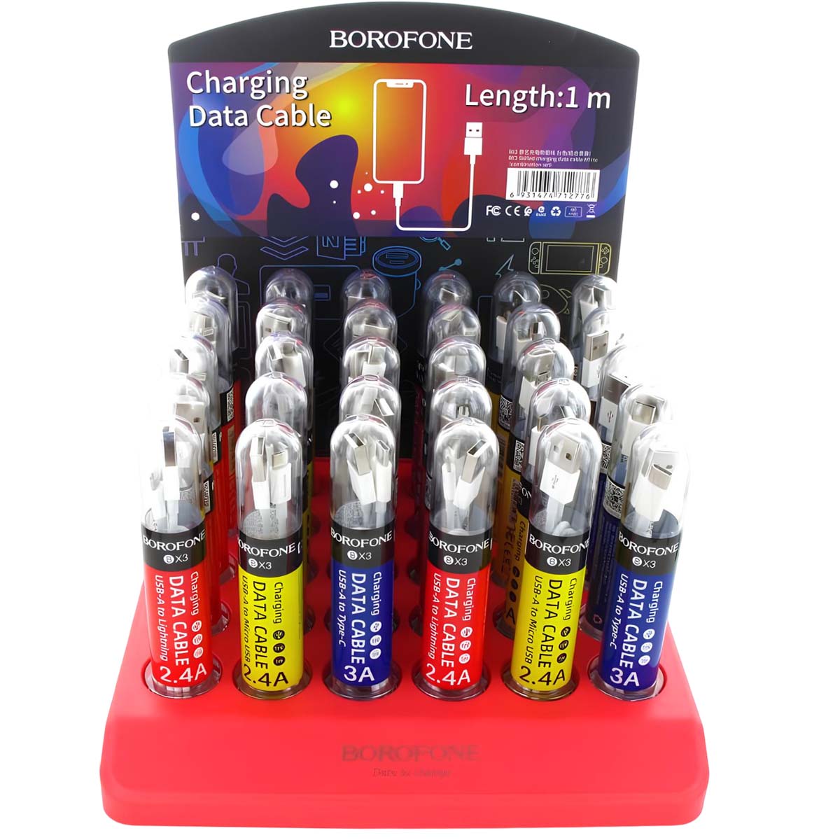 Ensemble de Câbles 30 pièces USB-C / Micro USB / Lightning sur Présentoir Borofone Rouge