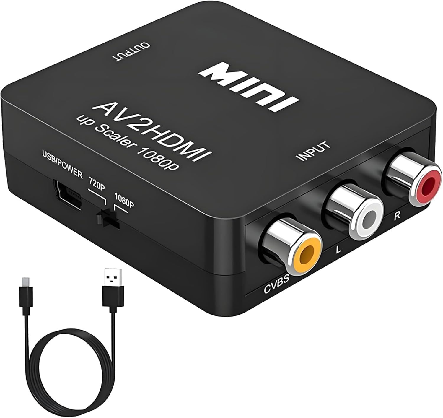 MEVRONISSHOP-Convertisseur RCA vers HDMI, Adaptateur AV vers HDMI, Convertisseurs Vidéo Audio Composite RCA 1080P CVBS avec Câble D'alimentation USB pour Caméra PS2 SNES VHS Xbox PS4 TV DVD Wii Suppo