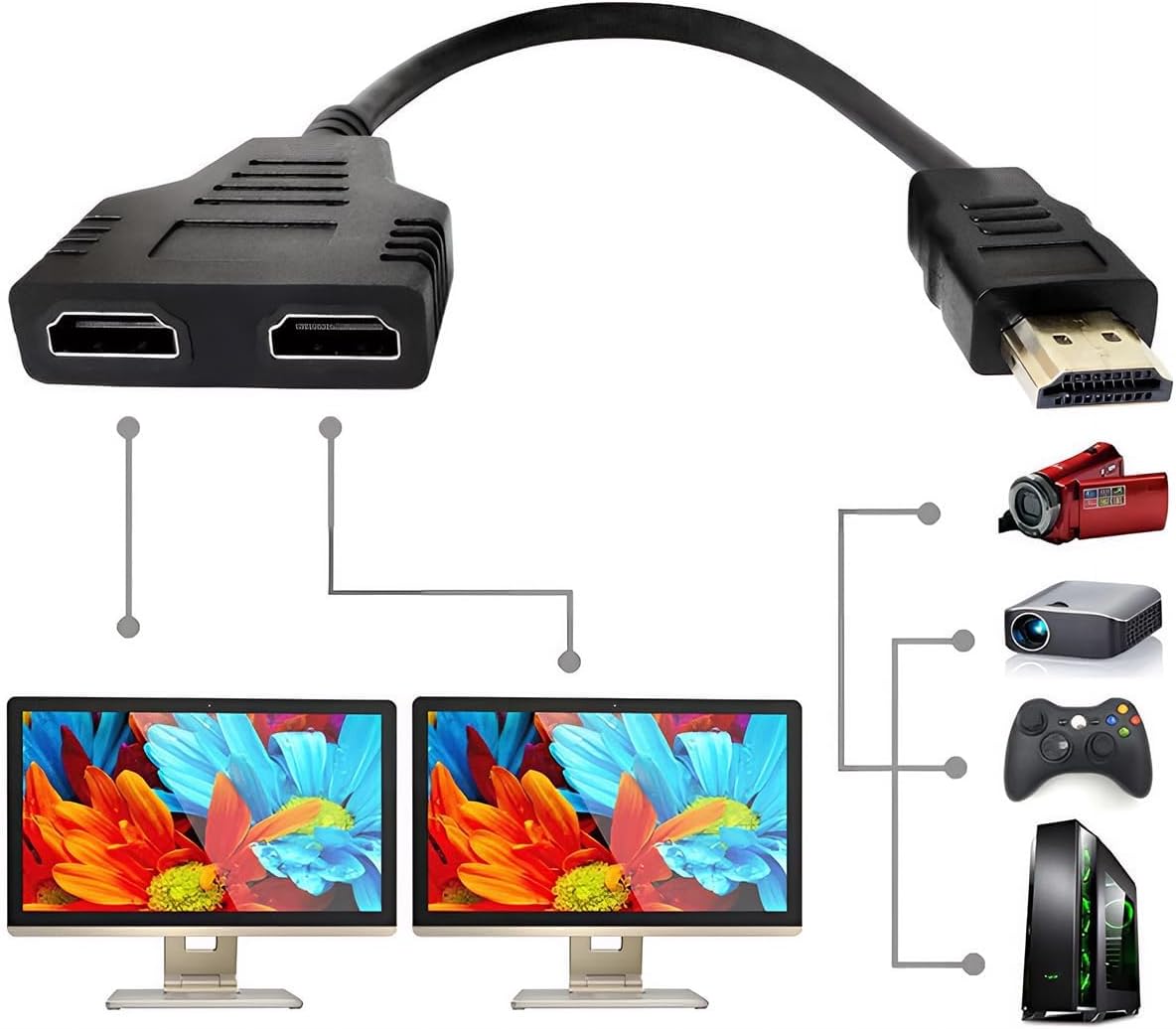 MEVRONISSHOP-Adaptateur Répartiteur HDMI, 1080p Mâle vers Double HDMI Femelle 1 vers 2 Voies Répartiteur de Câble pour HDTV HD LED Écran LCD et Projecteurs Deux Téléviseurs Commutateur 2 Ecrans