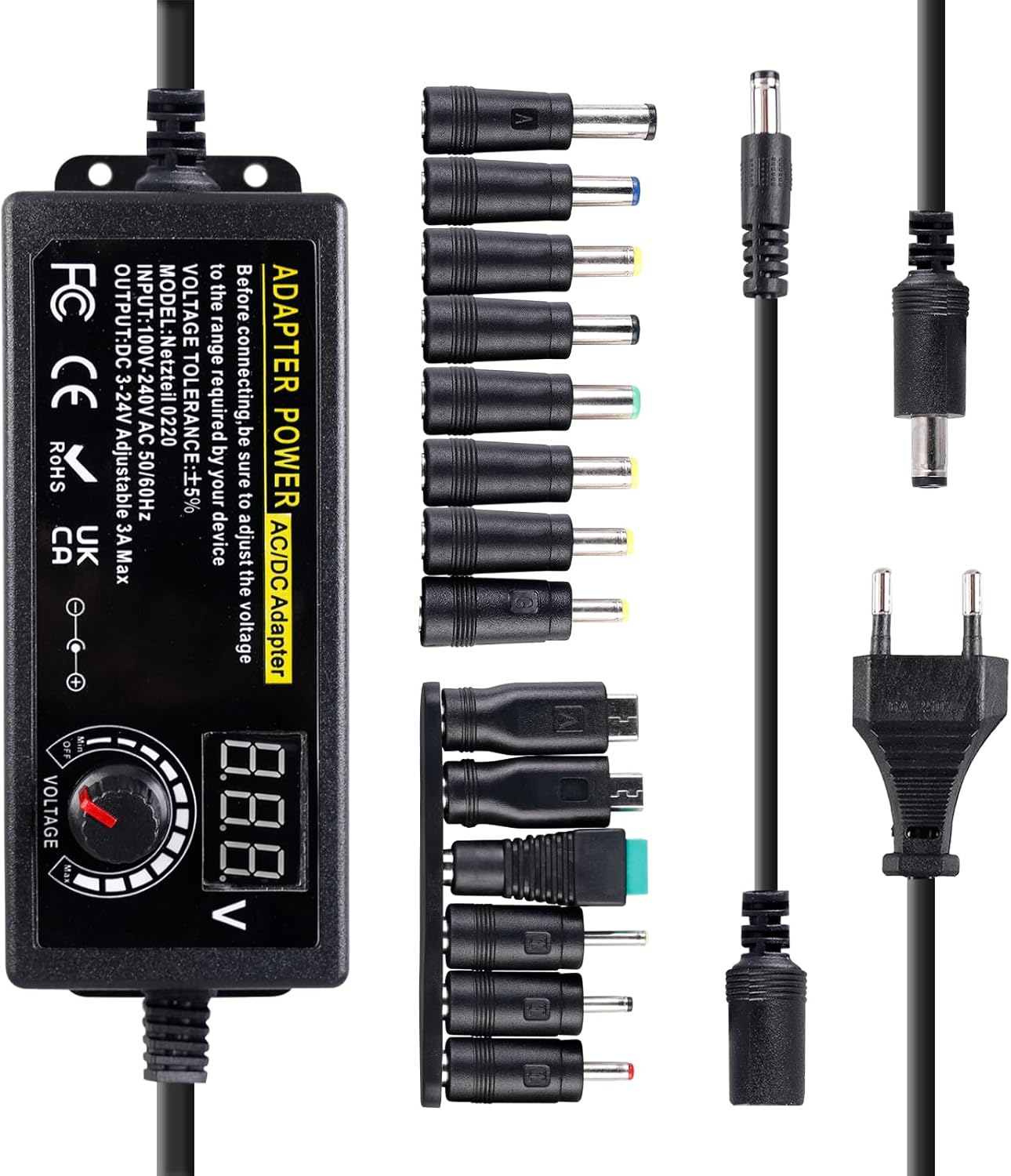 KALANKA-Adaptateur Secteur Universel 3 V-24 V, Adaptateur d'alimentation Réglable 72w, Alimentation Universelle, 100 V-240 V AC Chargeur Universel avec 14 Embouts DC pour L'Électronique Domestique