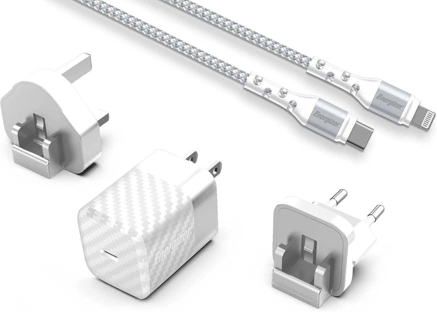 KALANKA-- Chargeur Rapide USB-C 20 W avec Cable Lightning - 3 Prises Incluses (EU/US/UK) - Blanc