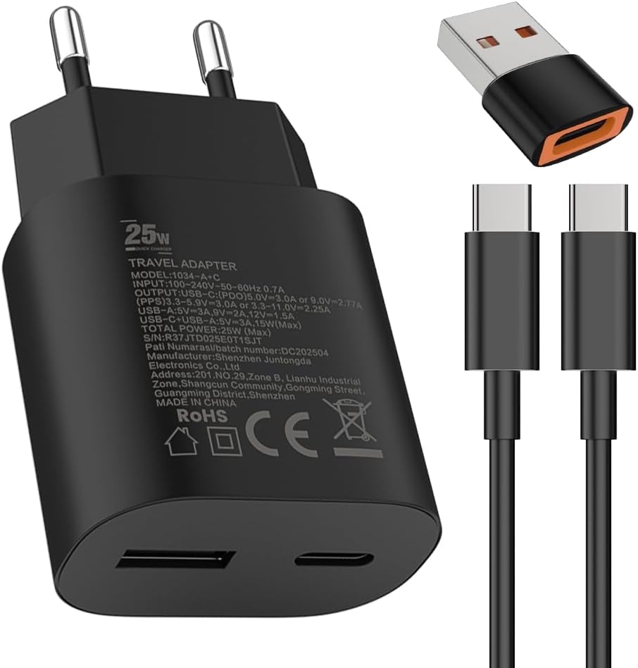 KALANKA-25W USB CChargeur 15W USB A Adaptateur,pour£ºSamsung Galaxy Ultra S25/S24/S23/S22/S21/S20/+/Note 20/10/9/8/A73/A53/S10/S9,iPhone17/16/15/Pro/Pro Max/Plus,iPad,Moto,Google,Chargeur rapide,et 2M