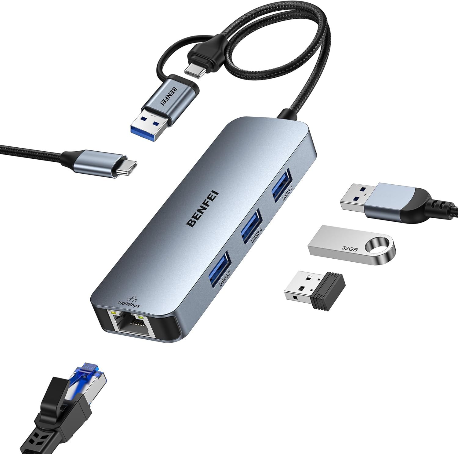 SUBZONAL-Adaptateur USB-C USB 3.0 vers Gigabit Ethernet, Hub USB 3.0 à 3 Ports avec RJ45 Compatible avec MacBook Pro/Air 2023, iPad Pro, iMac, S23, XPS 17, Surface Book 3, etc.