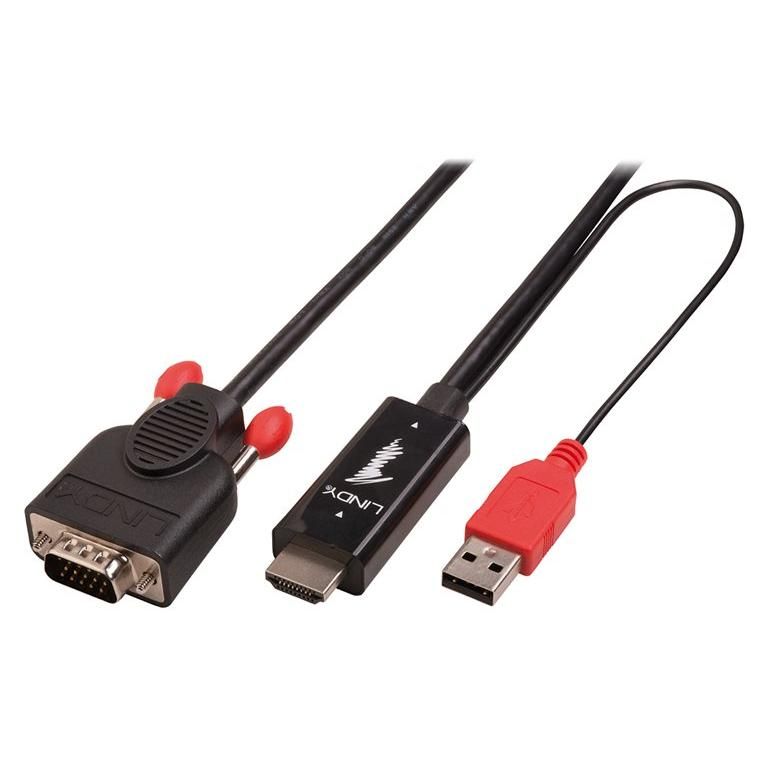 Lindy - Câble vidéo - HD-15 (VGA) mâle pour USB, HDMI mâle - 3 m - noir