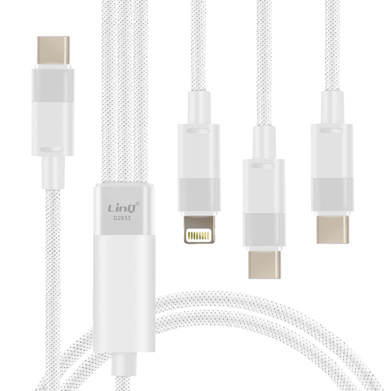 Câble USB-C vers Lightning + 2 USB-C 60W Charge Rapide Longueur 1.2m LinQ Blanc