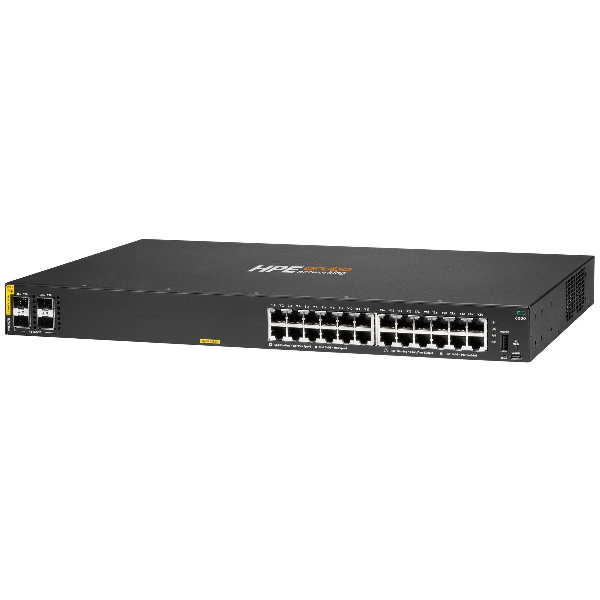 HPE Aruba Networking CX 6000 24p 10M/100M/1G Class4 PoE 4p SFP 1G 370W Switch - Commutateur - Géré - 24 x 10/100/1000 (PoE+) + 4 x Gigabit SFP (liaison montante) - flux d'air côte à côte - Montable sur rack, fixation murale - PoE+ (370 W) - BTO