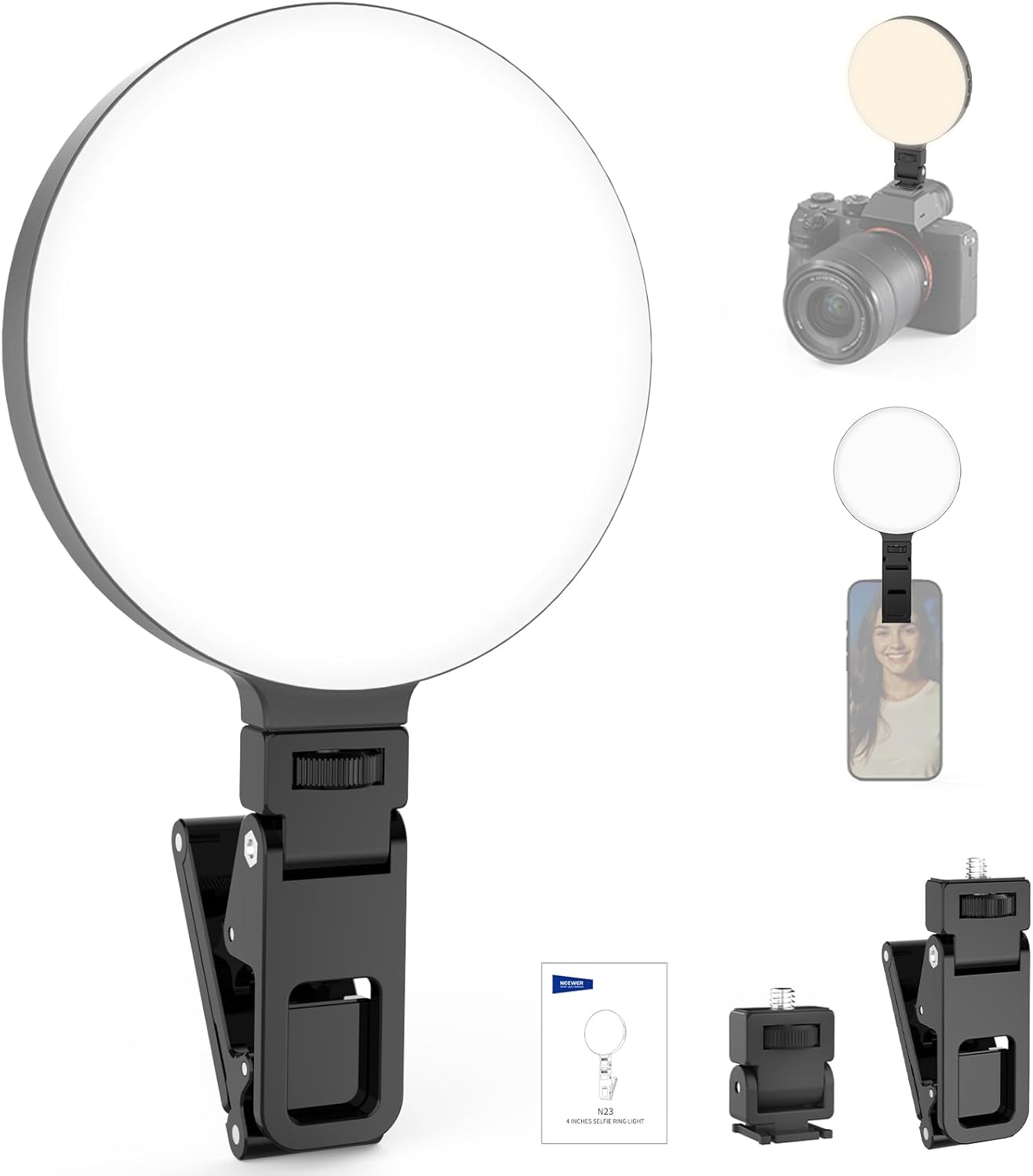 NEEWER ENTRY LEVEL VERSION LED Ring Light Anneau Lumineux pour Selfies,4,8W,Bicolore,avec Clip et Batterie 2000mAh,CRI 90+,Idéal pour Appareils Photo,Ordinateurs Portable,Webcams,Maquillage,Vidéo(N23)