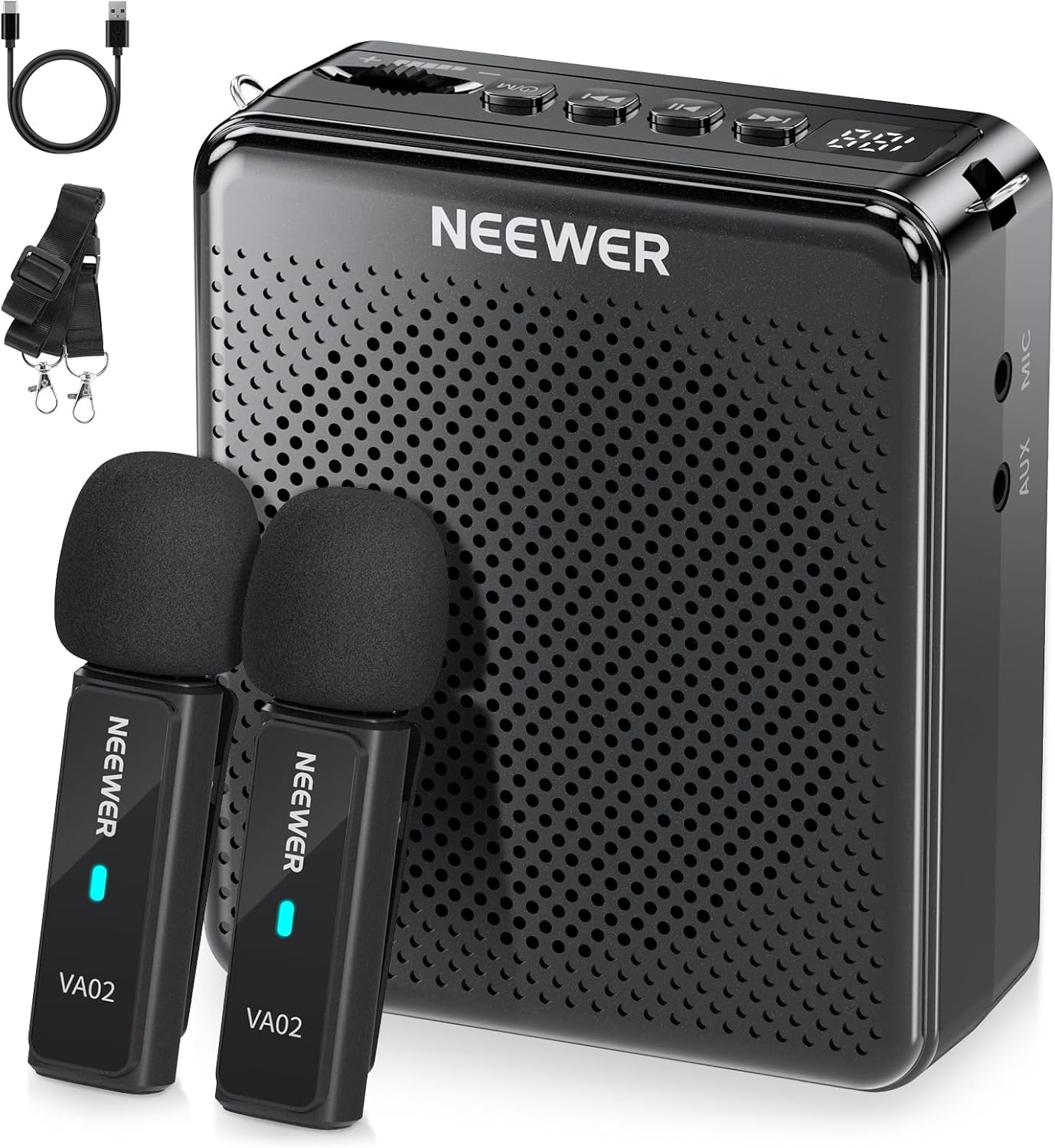 NEEWER VA02 Amplificateur de Voix avec Microphone sans Fil,Mini Haut-parleur Portable Rechargeable USB C Antibruit,Mégaphone et Micro,10h,Portée de 15m pour Enseignants, Formateurs,Guides Touristiques