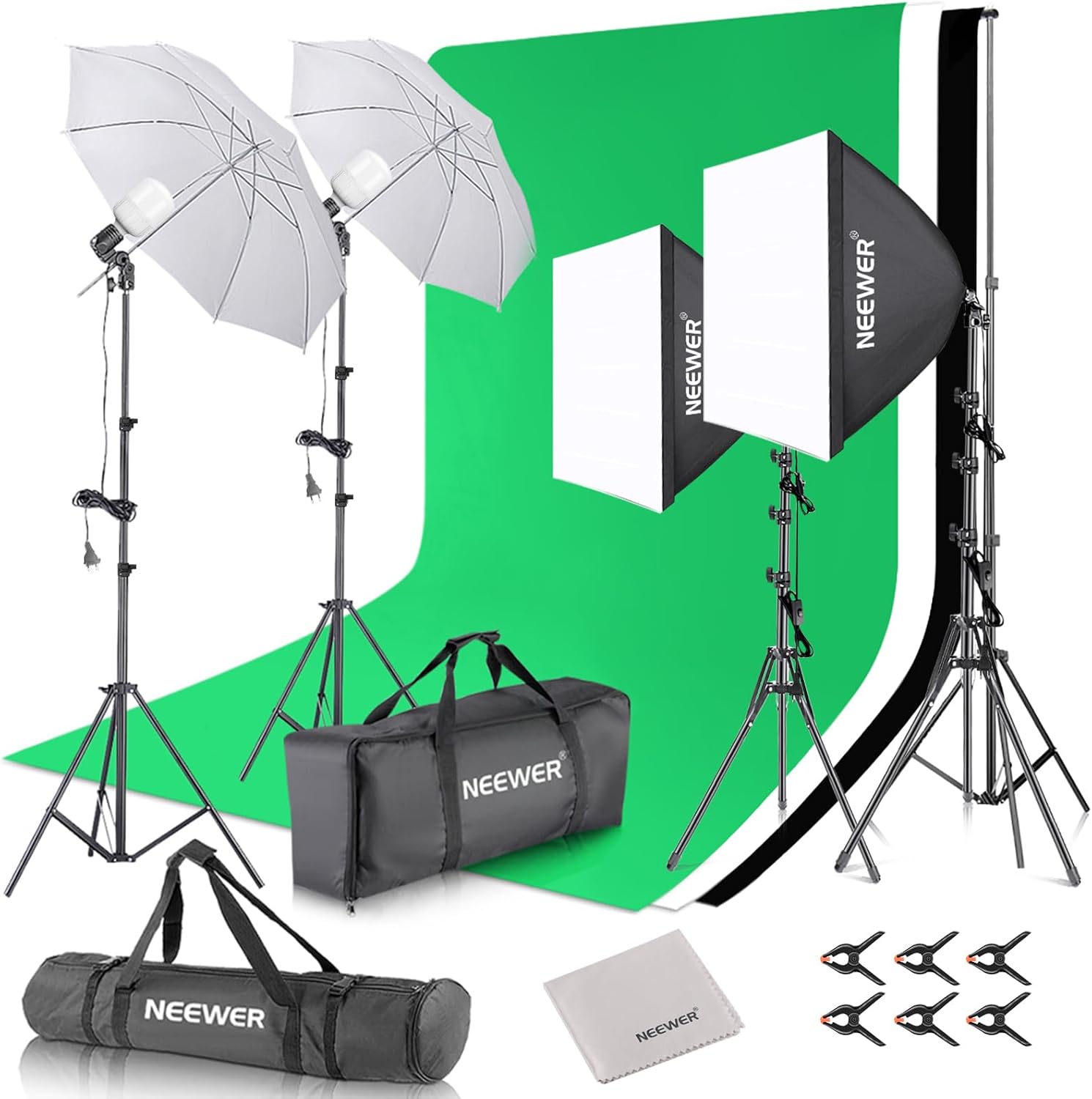 NEEWER Kit d'éclairage Continu pour Photographie avec Toiles de Fond, Supports de 2,6 x 3m, Ampoules LED 24W équivalentes à 800W (5700K), Parapluies, Softboxes, Chiffon de Nettoyage, Kit d'éclairage