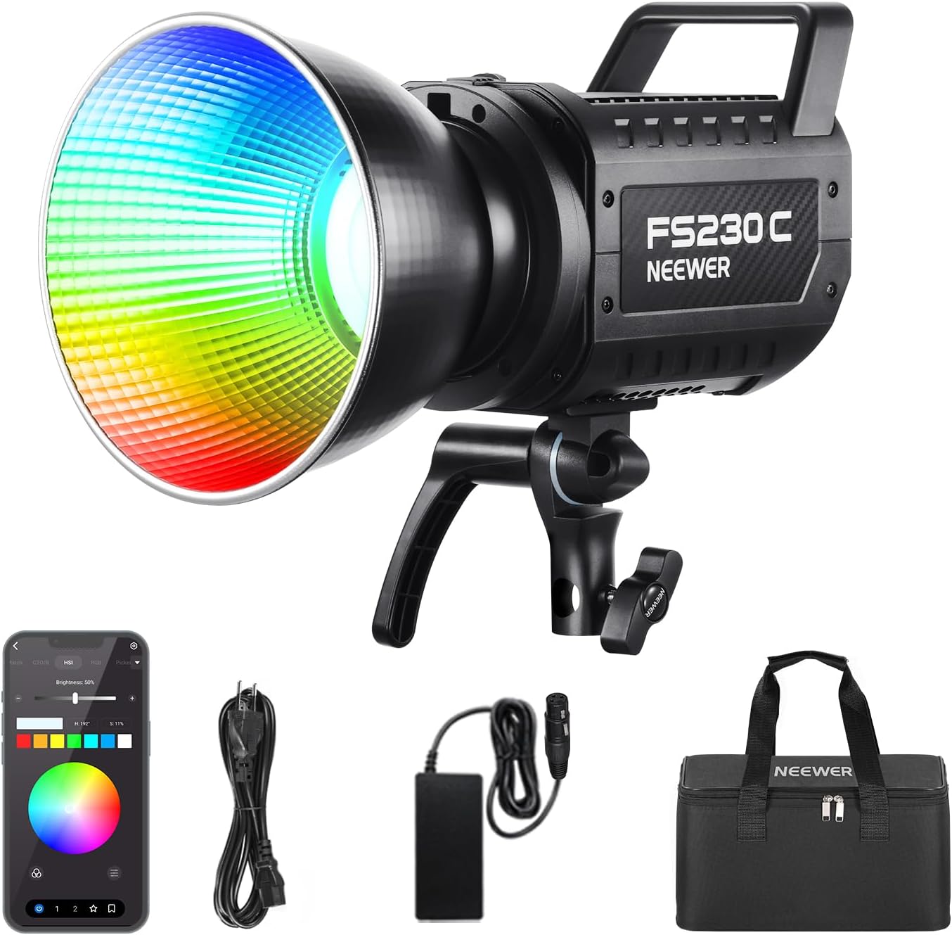 NEEWER 230W RGB LED Vidéo Lumière, Contrôle APP/2.4G, 2500K-7500K 23000lux/1m COB Éclairage Continu, 17 Effets CRI95+ Bowens Spotlight pour Studio Photographie Enregistrement Vidéo, FS230C
