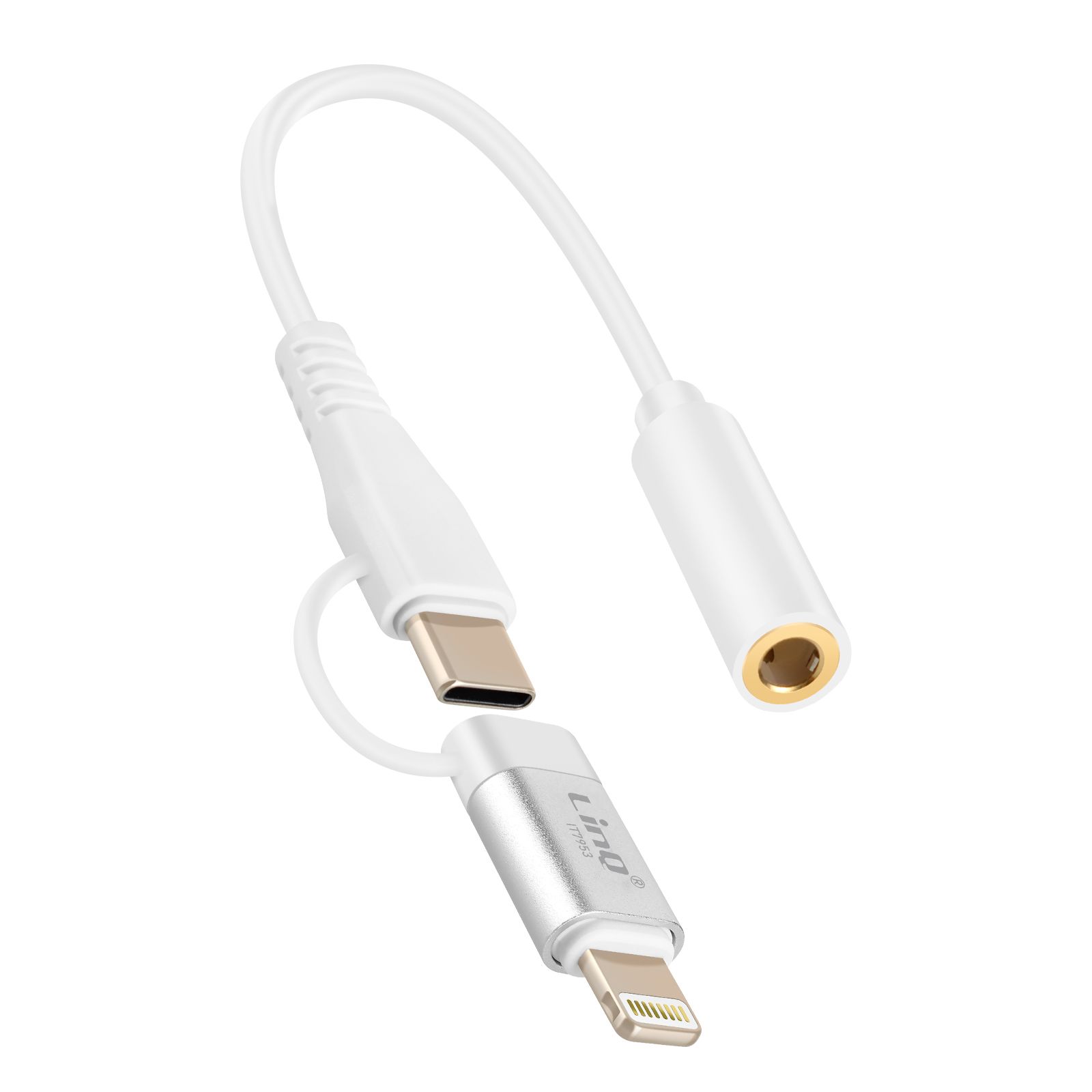 Adaptateur Audio Jack 3.5mm Femelle vers Lightning et USB C Mâle LinQ Blanc