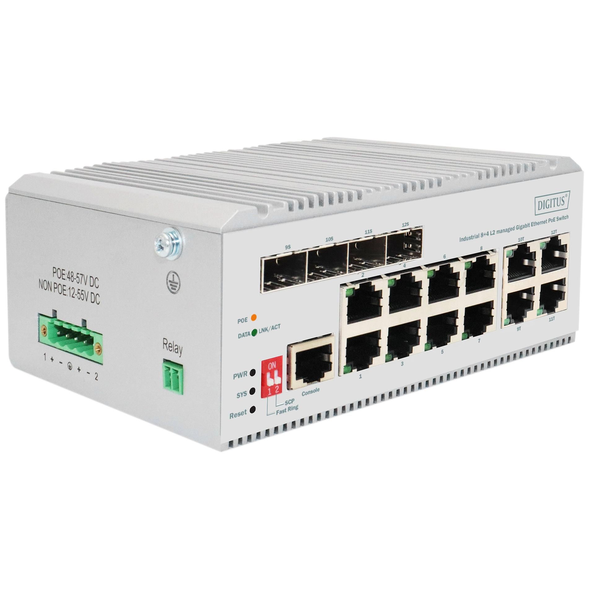 Digitus Commutateur PoE réseau Gigabit Ethernet 8 ports, industriel, L2 géré, 4 SFP en liaison montante