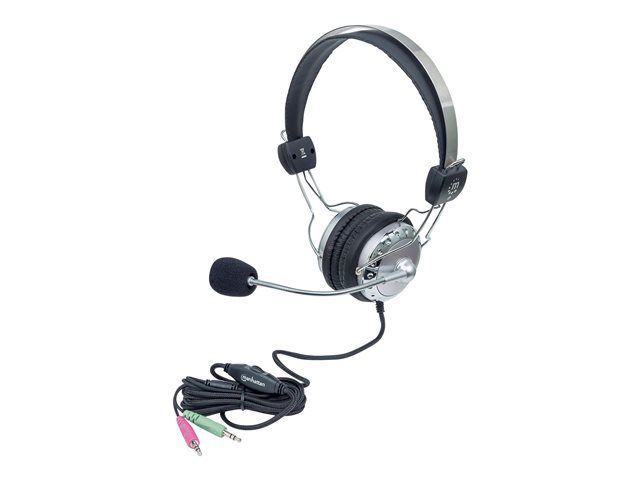 Manhattan Stereo Over-Ear Headset (3.5mm) (Clearance Pricing), Microphone Boom (padded), Adjustable Steel Headband, In-Line Volume Control, Ear Cushions, Std 2x 3.5mm stereo jack/plug for audio/mic use, cable 2.5m, 3 Year Warranty - Micro-casque...