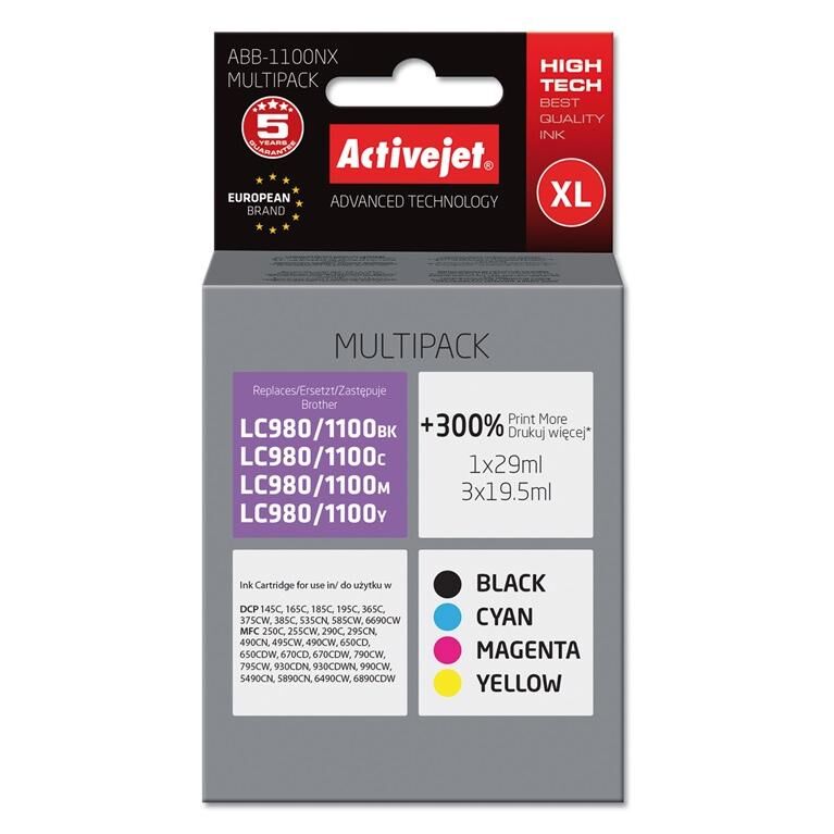 Activejet Encre ABB-1100NX (remplacement Brother LC1100/980 ; Suprême ; 1 x 29 ml, 3 x 19,5 ml ; noir, rouge, bleu, jaune)