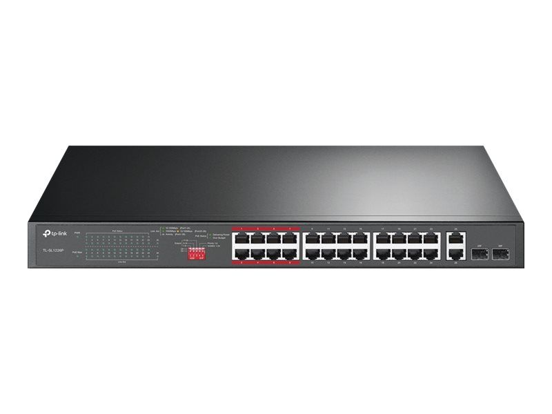 TP-Link TL-SL1226P - Commutateur - non géré - 24 x 10/100 (PoE+) + 2 x 10/100/1000 + 2 x SFP Gigabit combiné - de bureau, Montable sur rack - PoE+ (250 W)