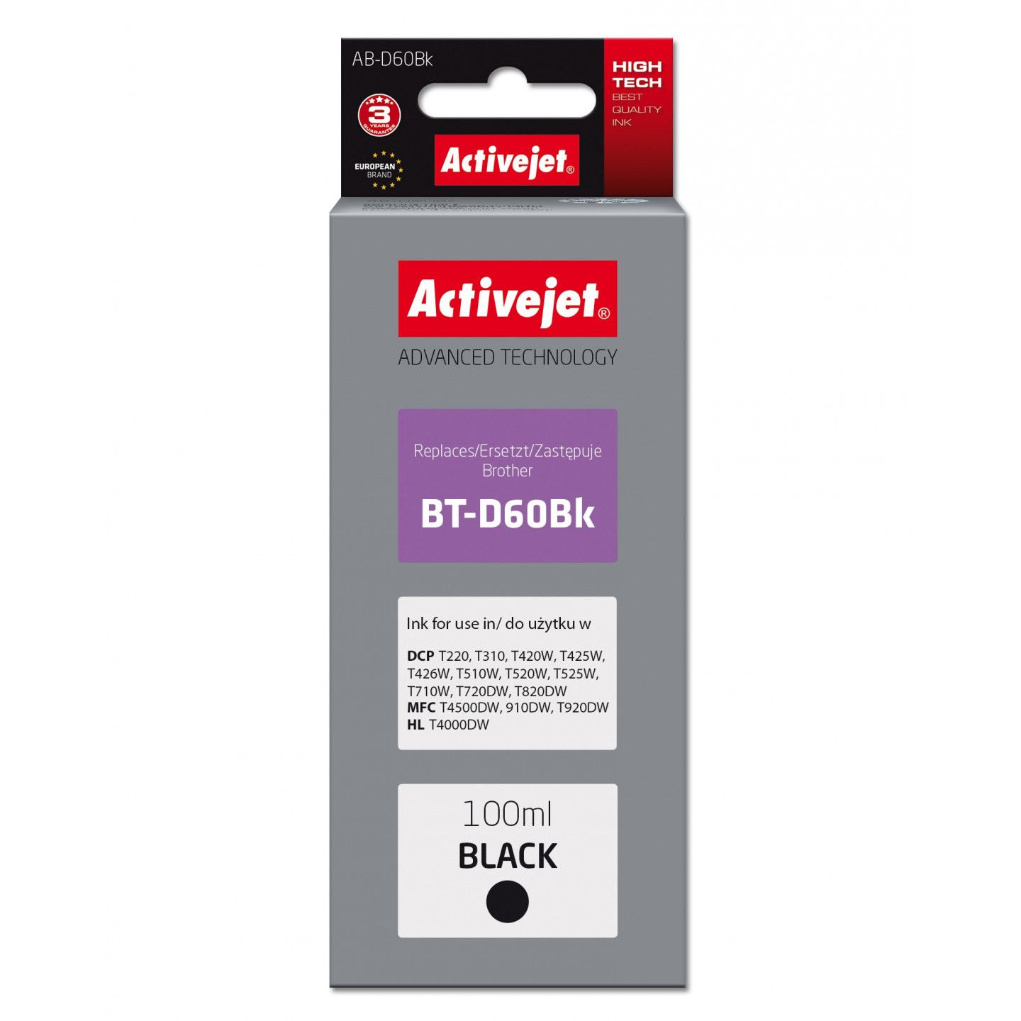 Activejet Encre Ab-d60bk (remplacement Brother Bt-d60bk Supreme 100 M