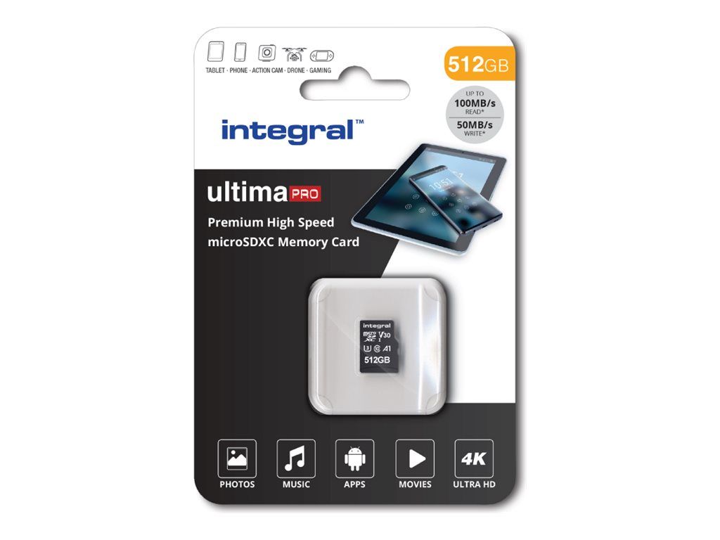 Integral UltimaPro - Carte mémoire flash (adaptateur microSDXC vers SD inclus(e)) - 512 Go - A1 / Video Class V30 / UHS Class 3 / Class10 - microSDXC UHS-I