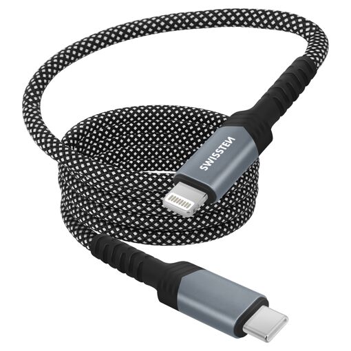 Câble Lightning vers USB-C Swissten 27W avec Enroulement Magnétique, 1m (Noir)