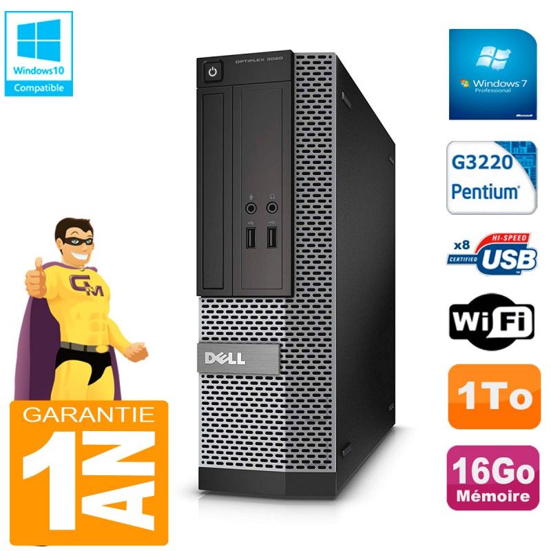 Ordinateur de bureau Dell 3020 SFF - Processeur Intel Pentium G3220, 16 Go de RAM, 1 To HDD, Lecteur optique DVD, WiFi, Windows 7 Pro