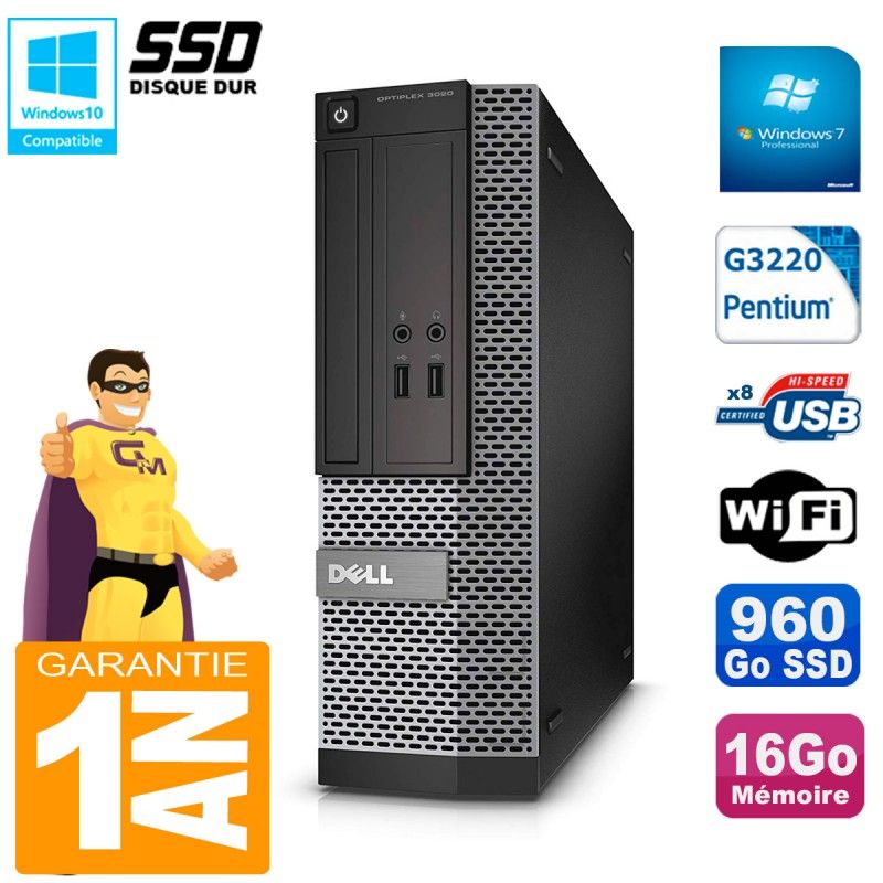 Ordinateur de bureau Dell 3020 SFF - Processeur Intel Pentium G3220, 16 Go de RAM, 960 Go SSD, Lecteur DVD, WiFi, Windows 7 Pro