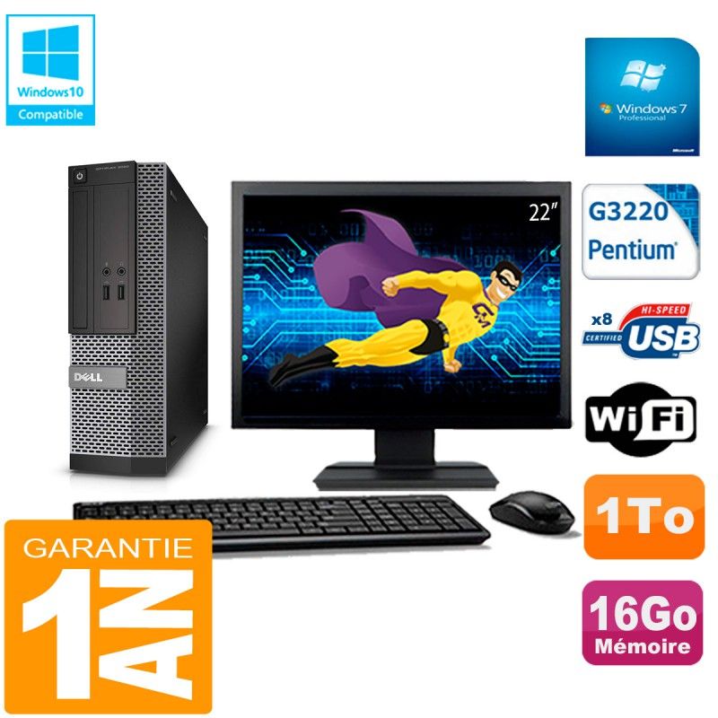 PC DELL 3020 SFF Ecran 22" Intel G3220 Ram 16Go Disque 1 To Wifi W7