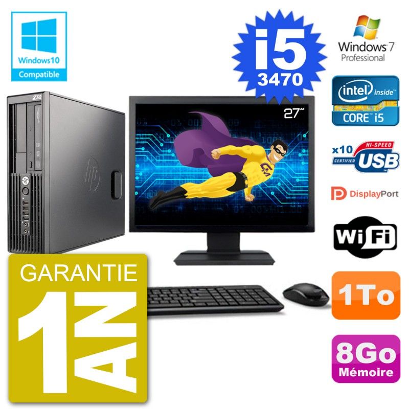 Ordinateur de bureau HP Z220 SFF | Écran 27 pouces | Processeur Intel Core i5-3470 | 8 Go de RAM | Disque dur 1 To | Lecteur DVD | Wi-Fi | Windows 7 Pro