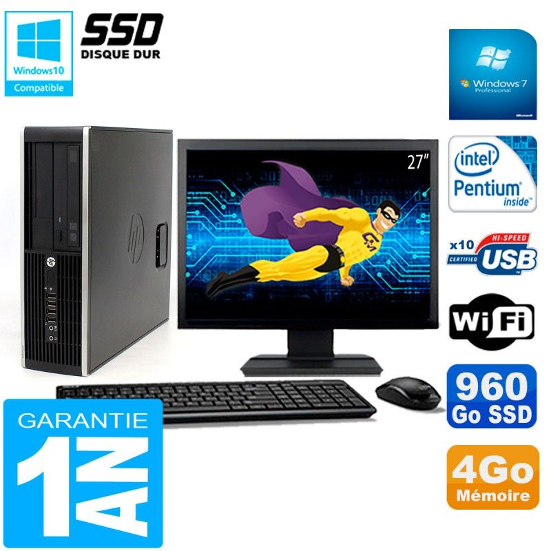 Ordinateur de bureau HP Compaq Pro 6200 SFF - Écran 27'', Processeur Intel Pentium G840, 4 Go de RAM, SSD 960 Go, Lecteur optique DVD, Wifi, Windows 7 Pro