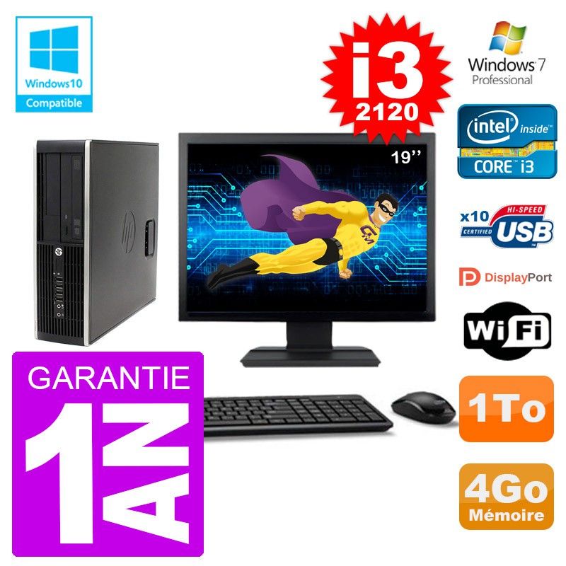 PC HP 6200 SFF Ecran 19" Intel i3-2120 RAM 4Go Disque 1To Graveur DVD Wifi W7