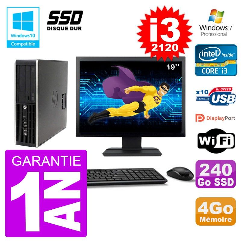 PC HP 6200 SFF Ecran 19" Intel i3-2120 RAM 4Go SSD 240Go Graveur DVD Wifi W7