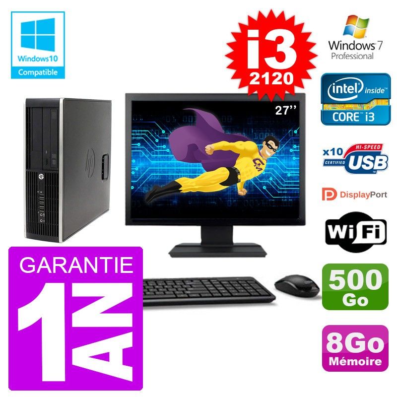 PC HP 6200 SFF Ecran 27" Intel i3-2120 RAM 8Go Disque 500Go Graveur DVD Wifi W7