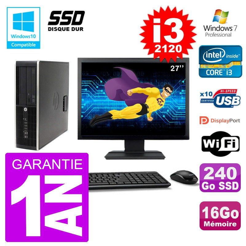PC HP 6200 SFF Ecran 27" Intel i3-2120 RAM 16Go SSD 240Go Graveur DVD Wifi W7