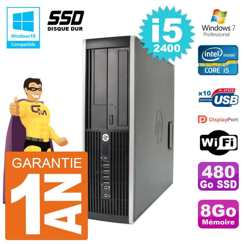 PC HP 6200 SFF Intel i5-2400 RAM 8Go SSD 480Go Graveur DVD Wifi W7
