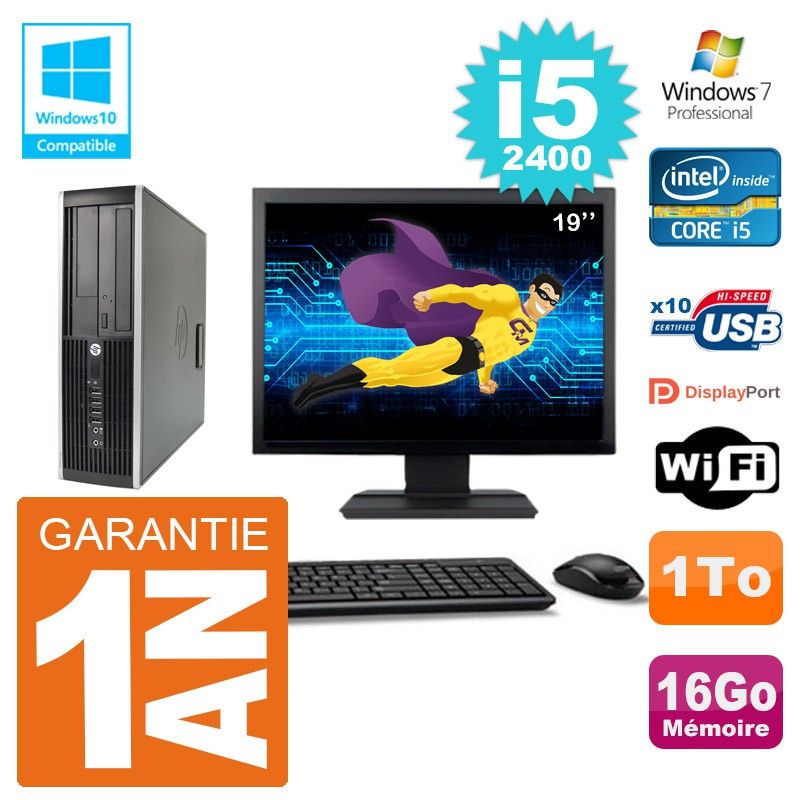 PC HP 6200 SFF Ecran 19" Intel i5-2400 RAM 16Go Disque 1To Graveur DVD Wifi W7