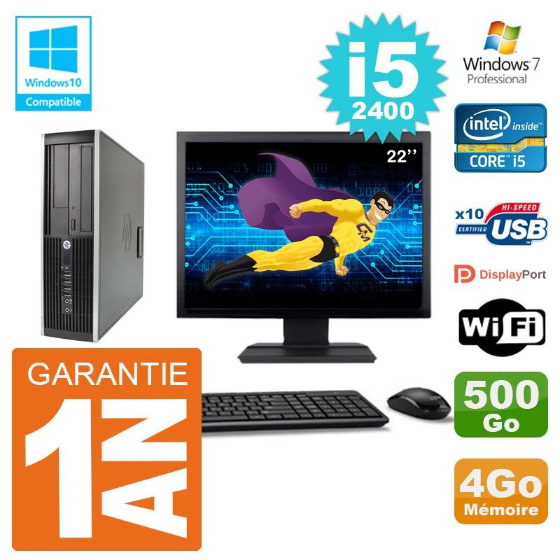PC HP 6200 SFF Ecran 22" Intel i5-2400 RAM 4Go Disque 500Go Graveur DVD Wifi W7