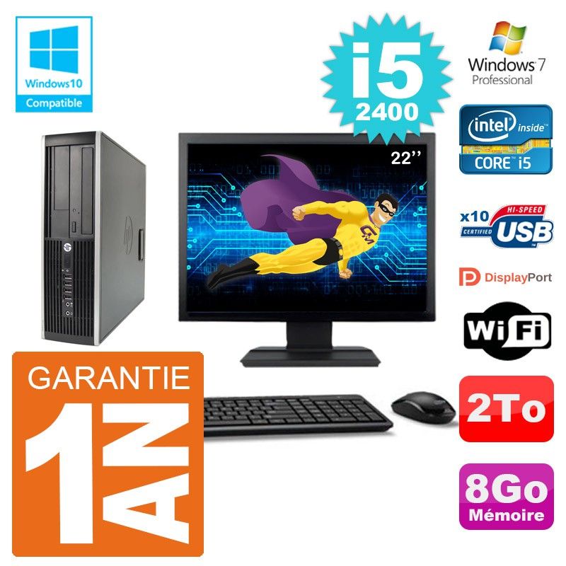 PC HP 6200 SFF Ecran 22" Intel i5-2400 RAM 8Go Disque 2To Graveur DVD Wifi W7