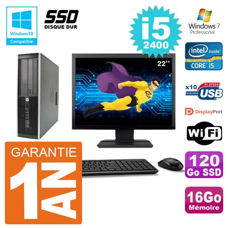 PC HP 6200 SFF Ecran 22" Intel i5-2400 RAM 16Go SSD 120Go Graveur DVD Wifi W7