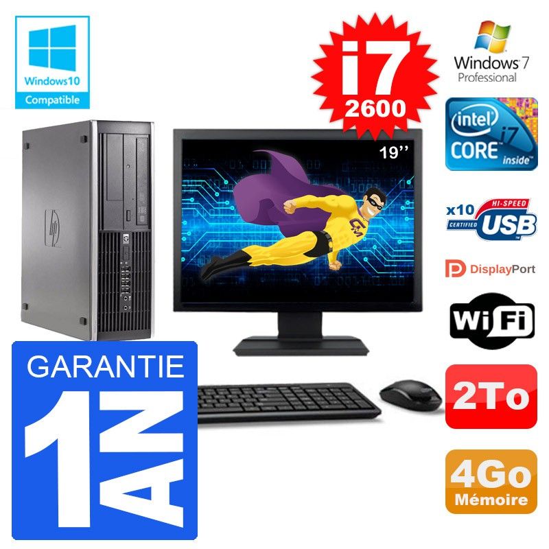PC HP 6200 SFF Ecran 19" Intel i7-2600 RAM 4Go Disque 2To Graveur DVD Wifi W7