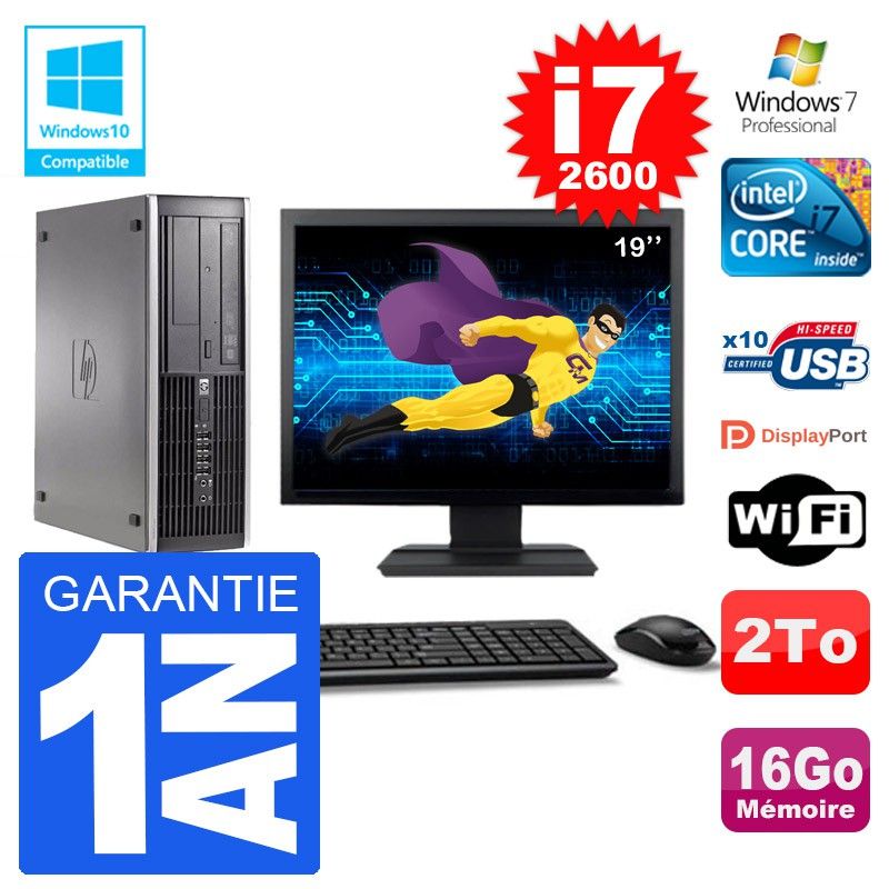 PC HP 6200 SFF Ecran 19" Intel i7-2600 RAM 16Go Disque 2To Graveur DVD Wifi W7