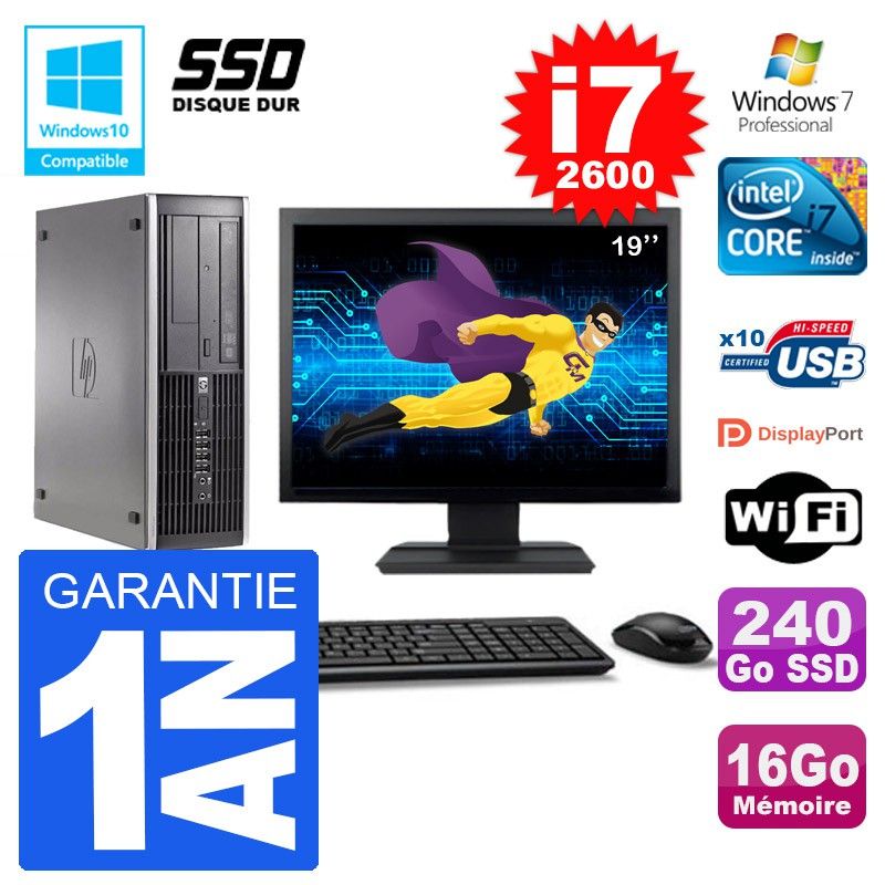 PC HP 6200 SFF Ecran 19" Intel i7-2600 RAM 16Go SSD 240Go Graveur DVD Wifi W7