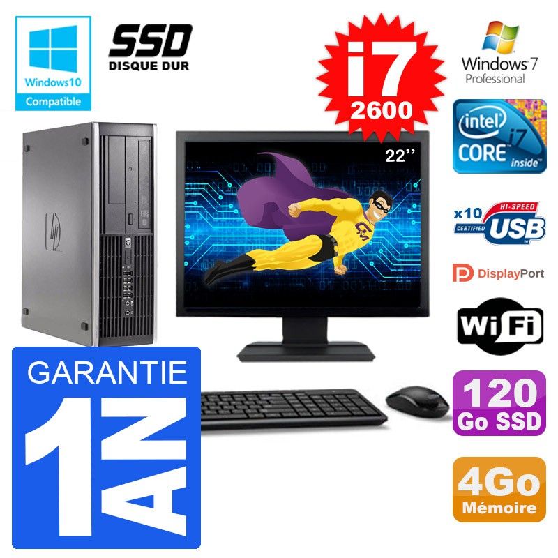 PC HP 6200 SFF Ecran 22" Intel i7-2600 RAM 4Go SSD 120Go Graveur DVD Wifi W7