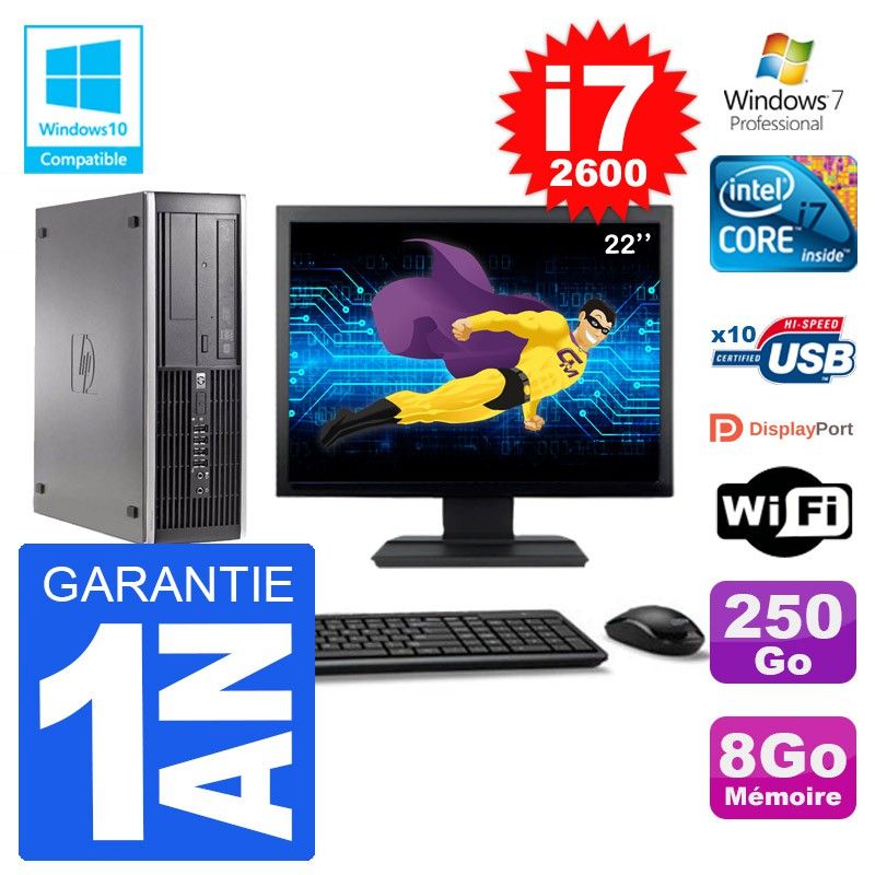 PC HP 6200 SFF Ecran 22" Intel i7-2600 RAM 8Go Disque 250Go Graveur DVD Wifi W7
