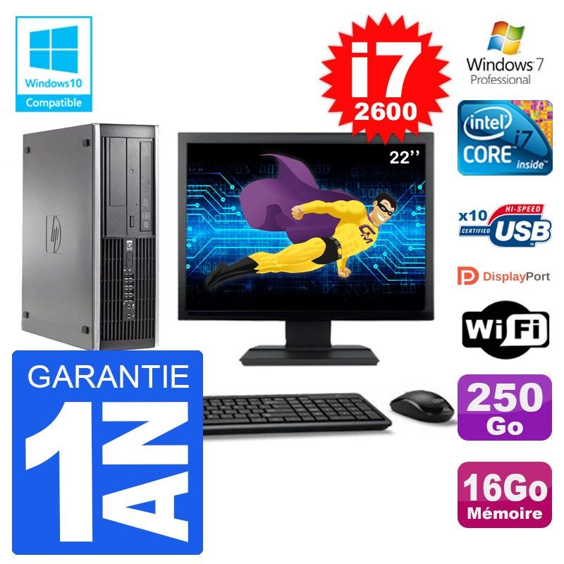 PC HP 6200 SFF Ecran 22" Intel i7-2600 RAM 16Go Disque 250Go Graveur DVD Wifi W7