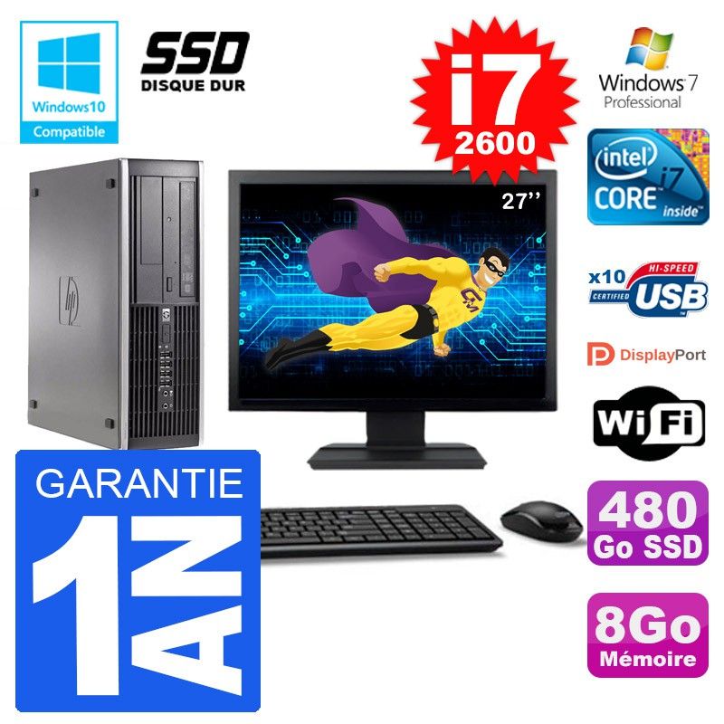 PC HP 6200 SFF Ecran 27" Intel i7-2600 RAM 8Go SSD 480Go Graveur DVD Wifi W7
