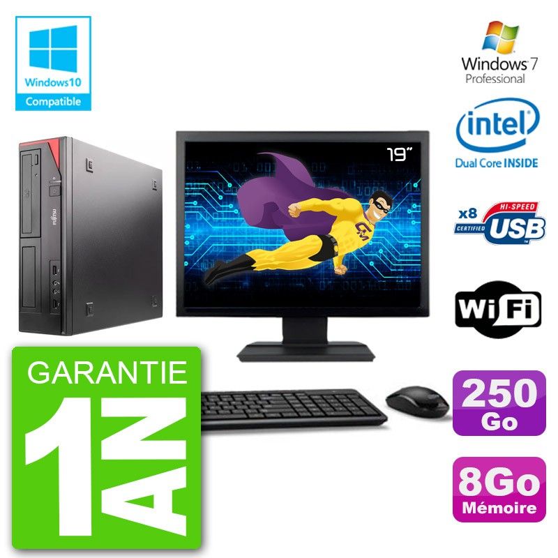 PC Fujitsu Esprimo E520 Ecran 19" G3220 RAM 8Go Disque 250Go Graveur DVD Wifi W7