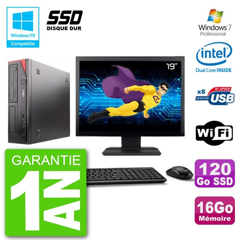 PC Fujitsu Esprimo E520 Ecran 19" G3220 RAM 16Go SSD 120Go Graveur DVD Wifi W7