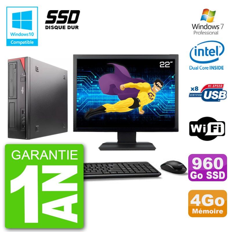 PC Fujitsu Esprimo E520 Ecran 22" G3220 RAM 4Go SSD 960Go Graveur DVD Wifi W7