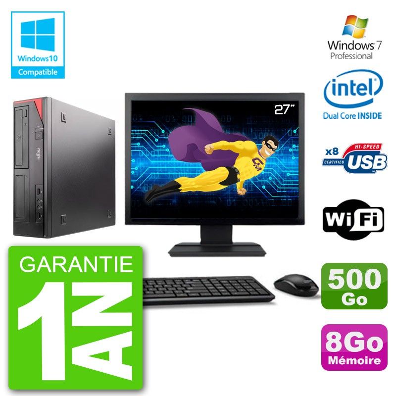 PC Fujitsu Esprimo E520 Ecran 27" G3220 RAM 8Go Disque 500Go Graveur DVD Wifi W7